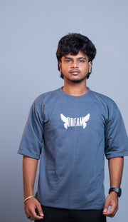 Oversized Round Neck DREAM T-Shirt for Men | Trendy Streetwear Style - Grey